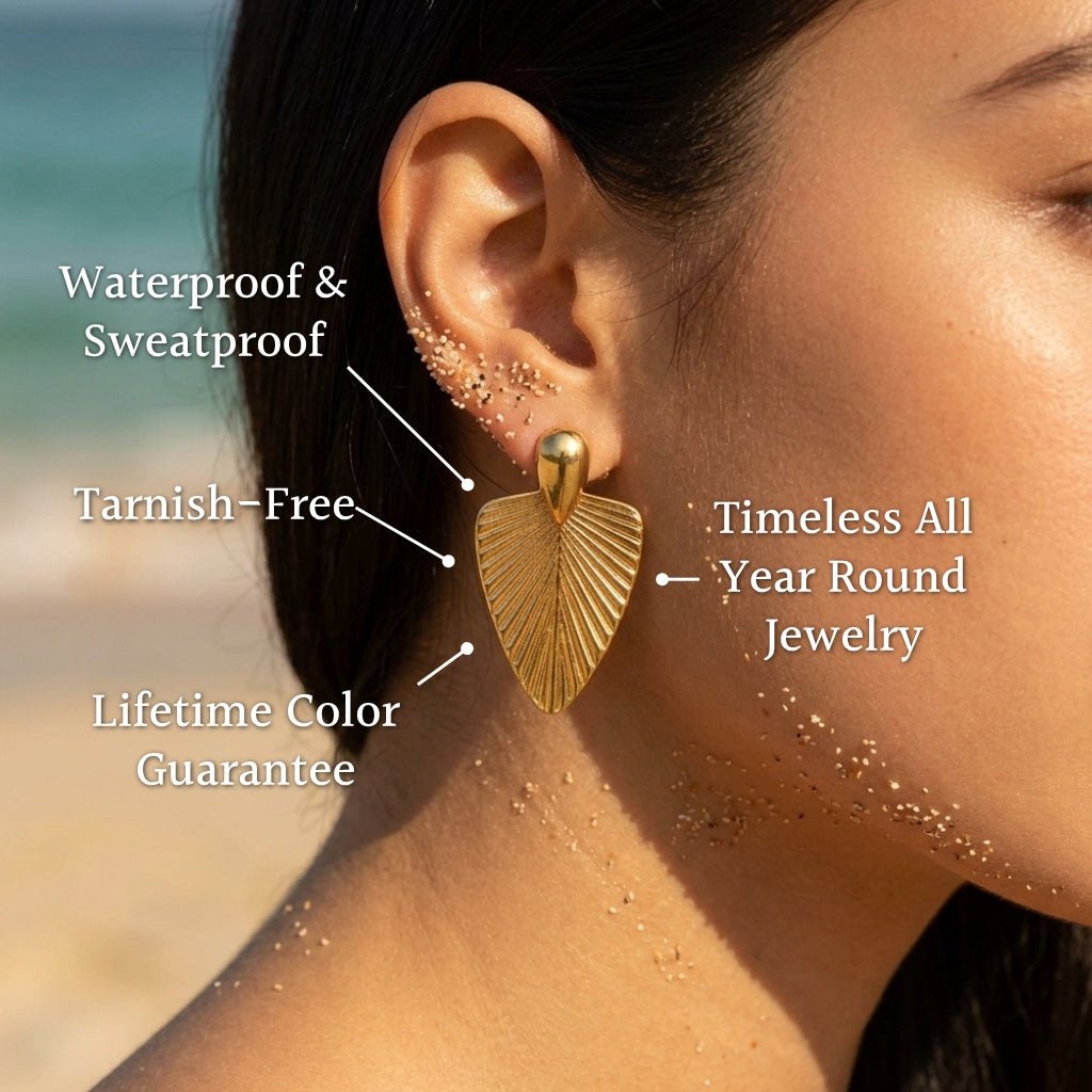 Ribbed Fan Leaf Drop Teardrop Stud Earrings - Semprie