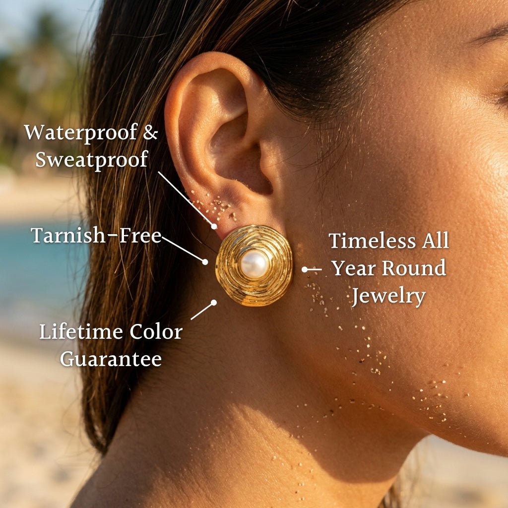 Ribbed Sunburst Disc Pearl Stud Earrings - Semprie