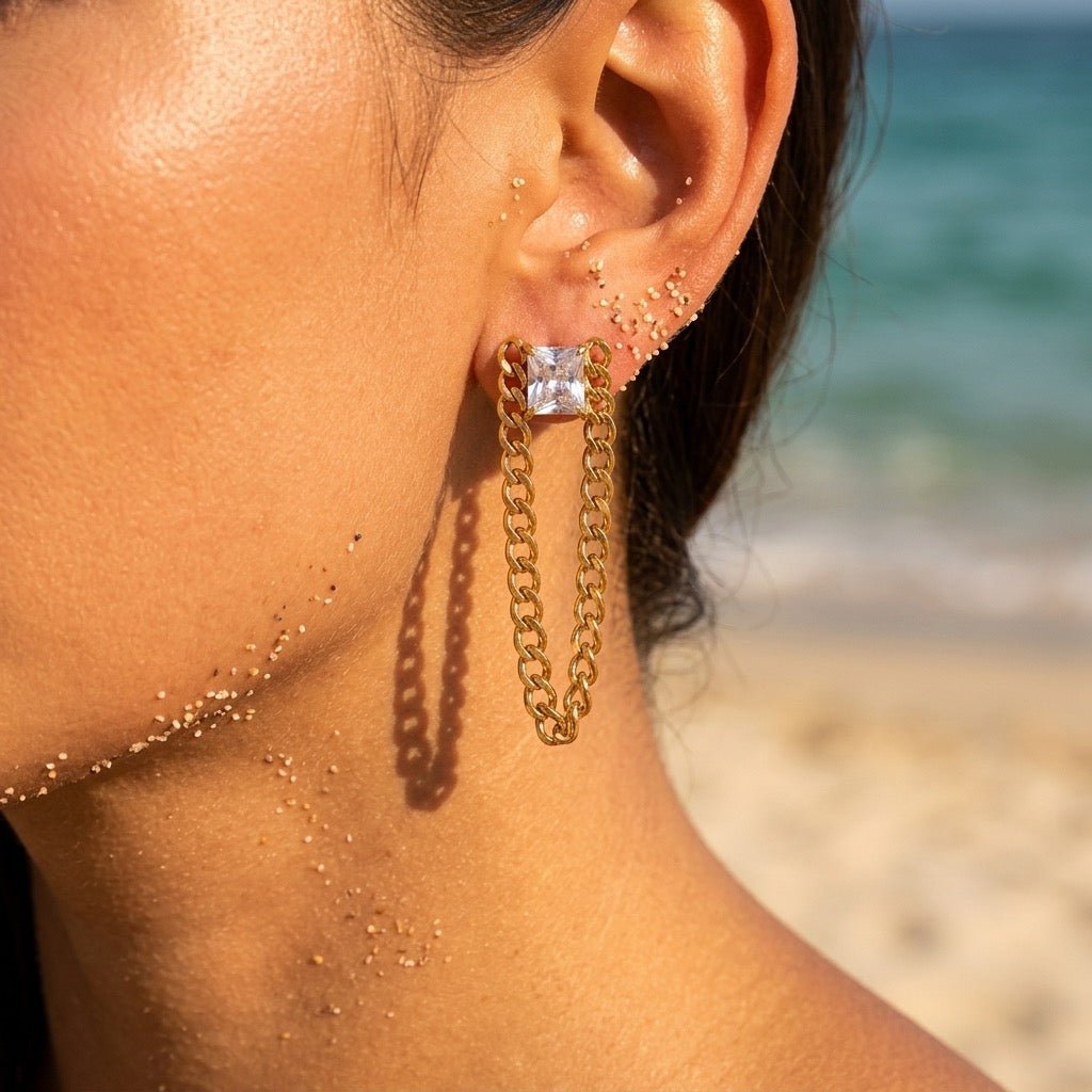 Square CZ Stud Curb-Link U-Loop Earrings - Semprie