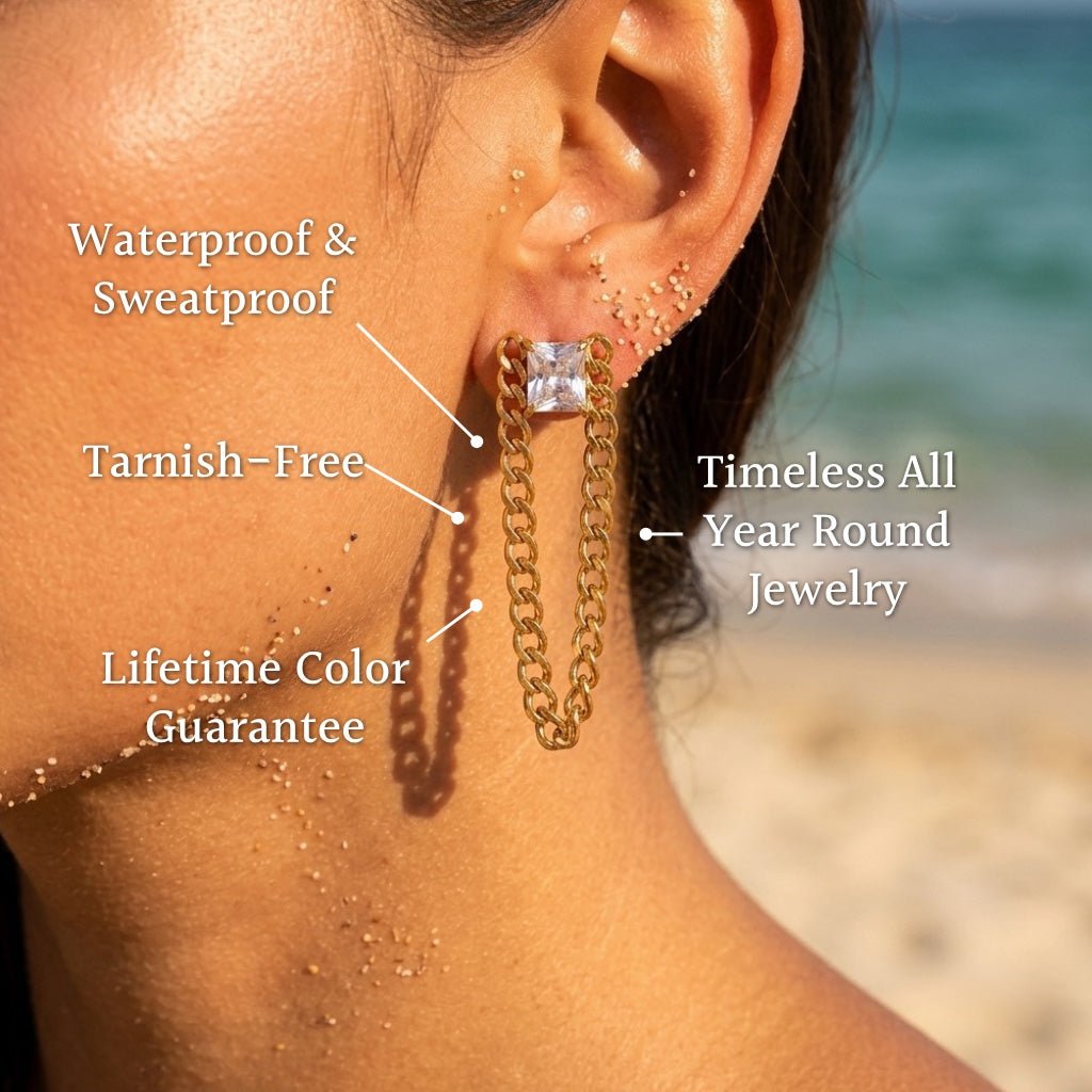 Square CZ Stud Curb-Link U-Loop Earrings - Semprie
