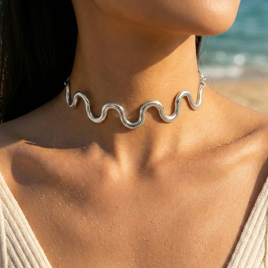 Textured Wave Crest Pendant Chain Necklace - Semprie