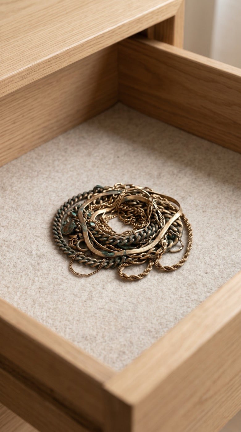 Tarnished fashion jewelry pile showing green oxidation